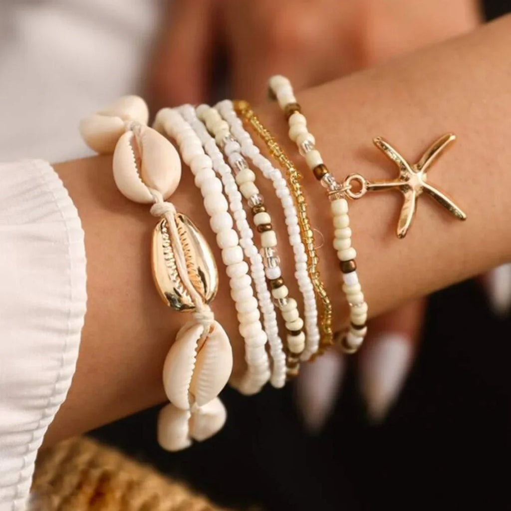 7pcs/set Bohemian Holiday Wind Shell Beaded Woven Bracelet Starfish Rice Beads Women's Bracelet Set Beach Party Seaside Holiday